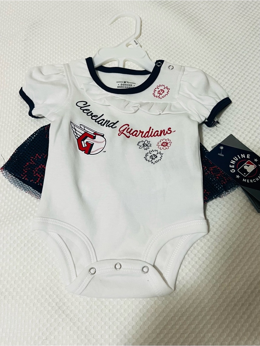 Genuine Merchandise Cleveland Guardians White Infant Bodysuit with Navy Skirt.